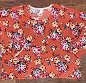 Garnet Hill Merino Wool Sweater XL‎ Orange Floral Boxy Scoop Neck